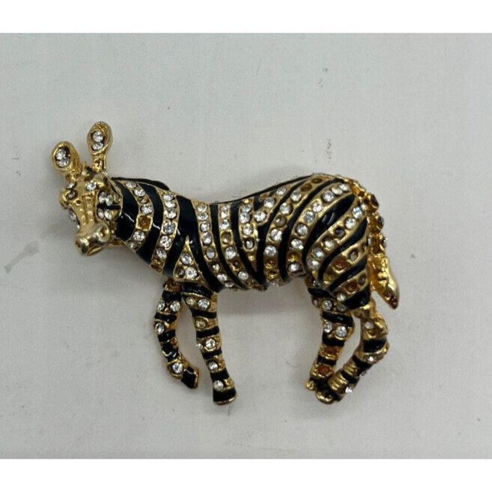 Cool Vintage 1.5” Zebra Shoulder Brooch Gold Black Enamel & Rhinestones Pin